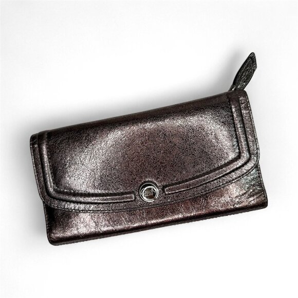 Coach metallic leather snap medium wallet silver brown red - Picture 1 of 10